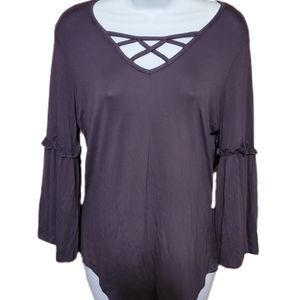 Guilt Trip Medium Cross Cut Charcoal Gray Blouse With Flair Ruffle Sleeves NWT